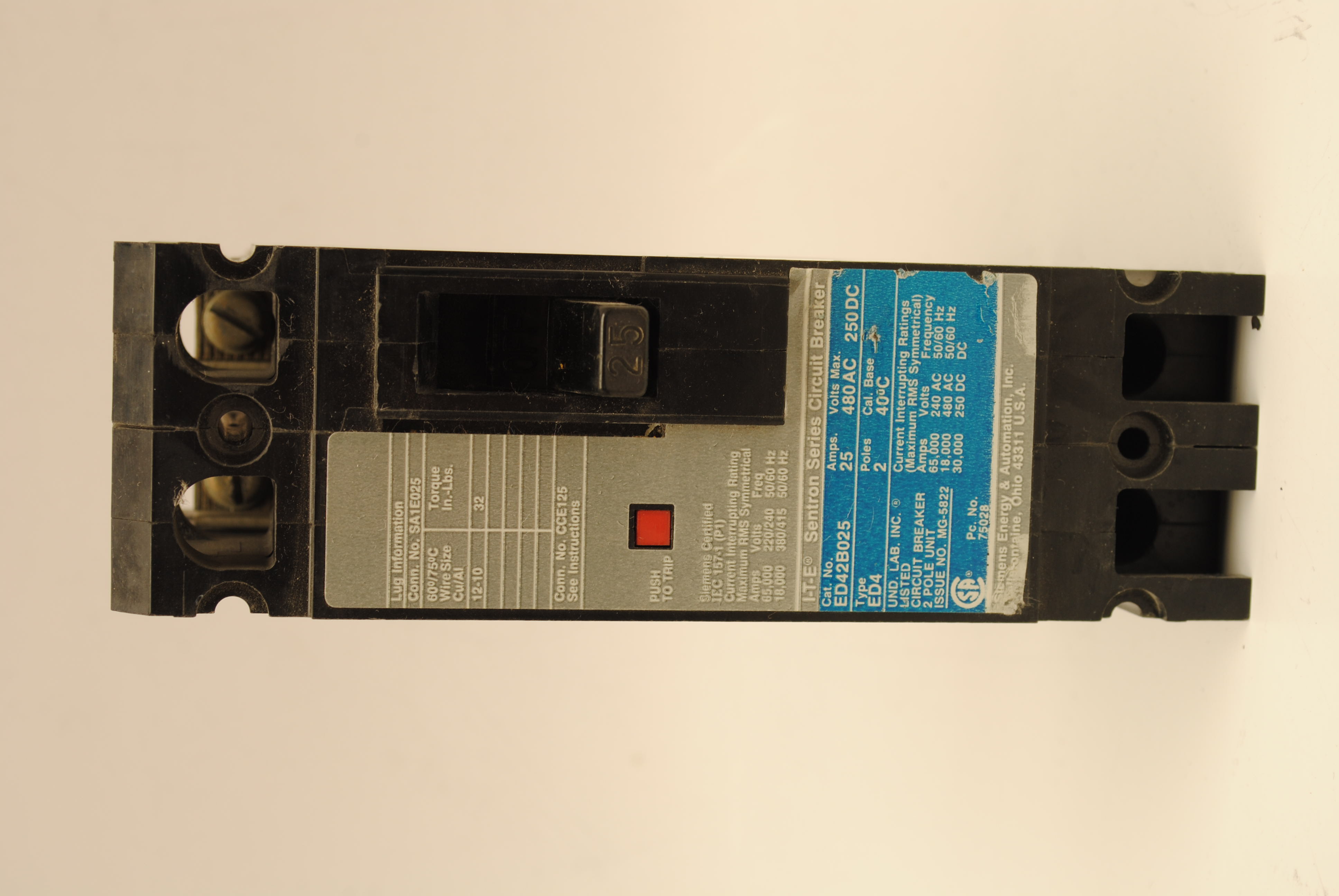Product image: SIEM ED42B025 USED 2 Pole 480V 25A ED Breaker